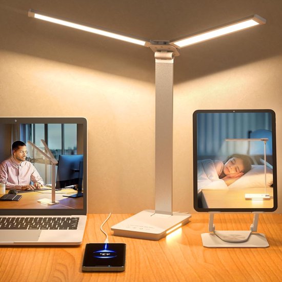 Lampe de bureau LED Lzwintrading - Lampe de bureau LED à intensité variable - Double tête - 5 niveaux de luminosité - 5 modes de couleur - Protection des yeux - Lampe de table pliable pour éclairage de bureau - Wit