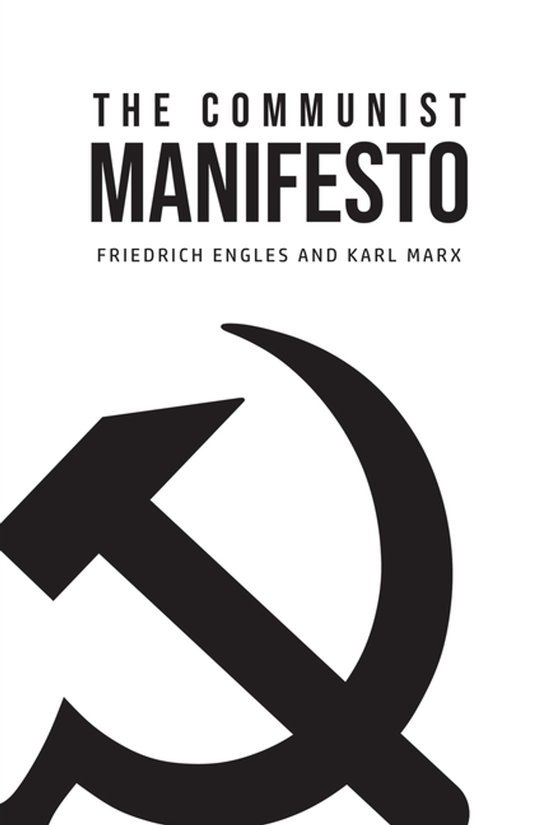 Couverture du livre 'The Communist Manifesto' avec le titre et le marteau et la faucille.