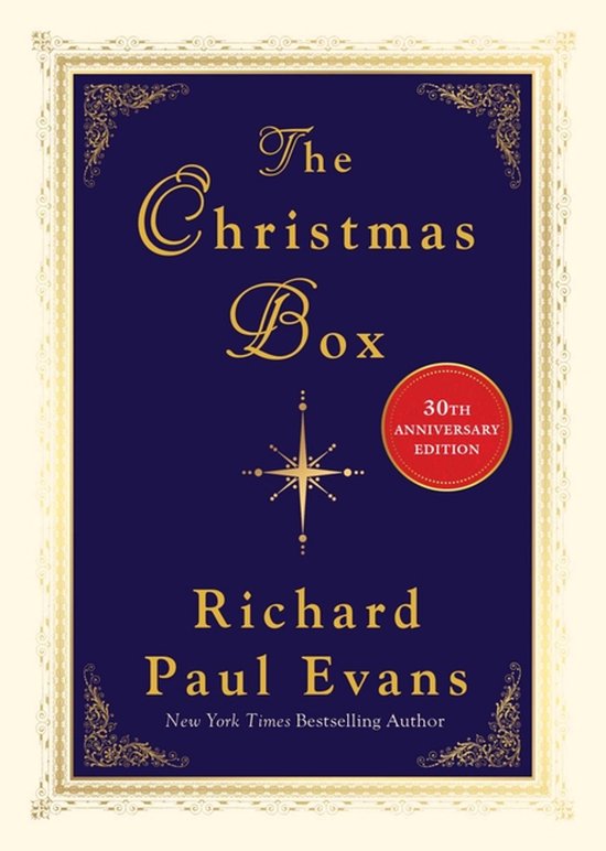 Boekomslag van The Christmas Box met blauwe achtergrond, gouden typografie, een ster en rode 30-jarige jubileumsticker.
