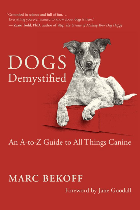 Boekomslag 'Dogs Demystified', een gids over honden, met een illustratie van een hond op een rode bank.