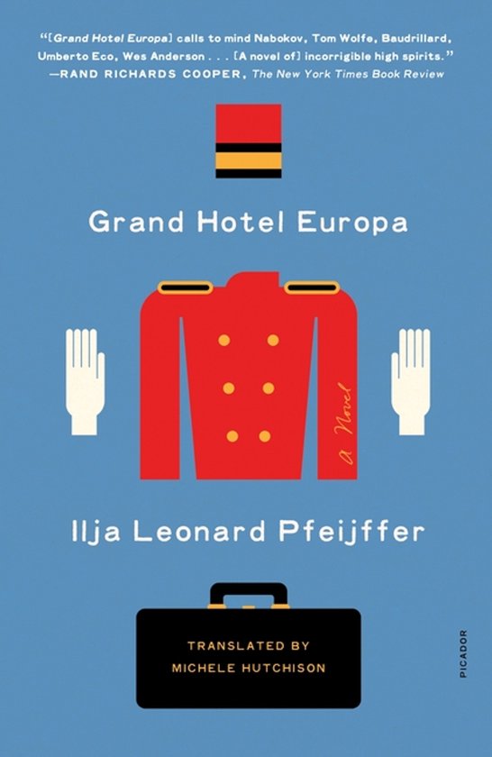 Boek kaft met rode jas, twee witte handen en een koffer, met de titel 'Grand Hotel Europa'.