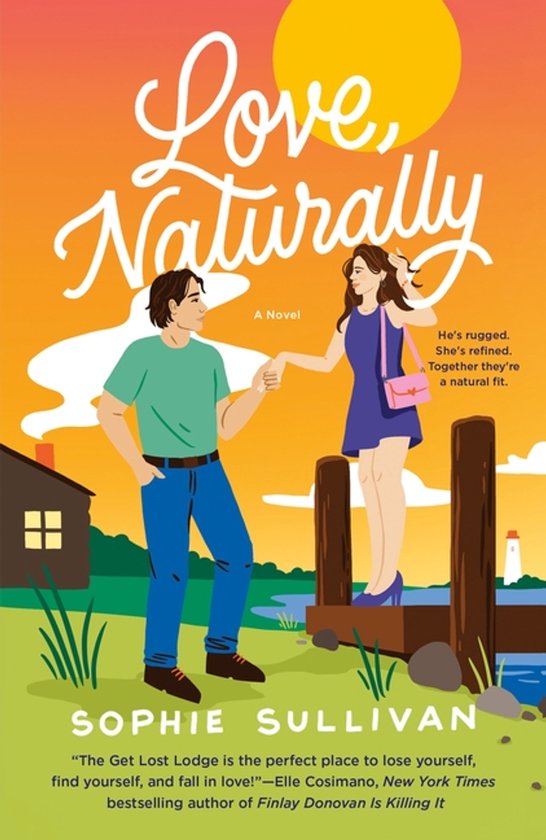 Boekcover met een illustratie van een man en vrouw op een steiger bij zonsondergang. Titel: Love, Naturally.