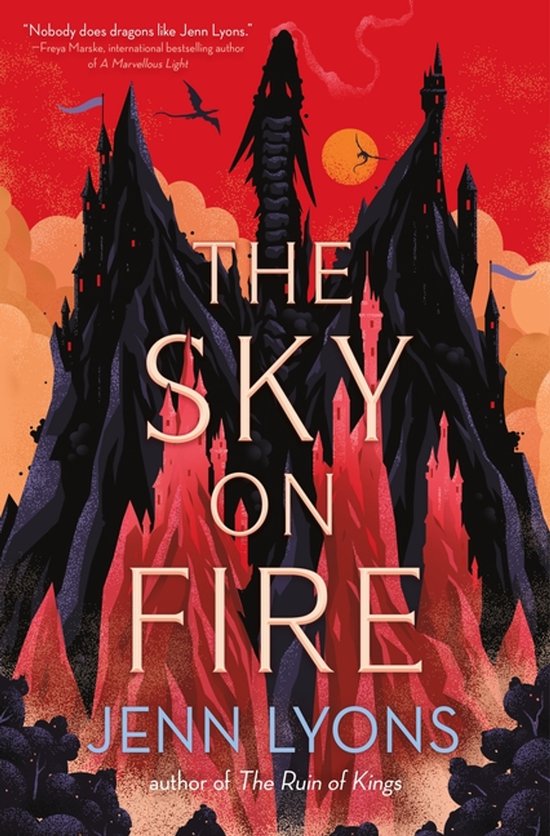 Boekomslag: De titel 'The Sky on Fire' staat centraal, met rode luchten en een zwarte drakenberg met kastelen. Geschreven door Jenn Lyons.