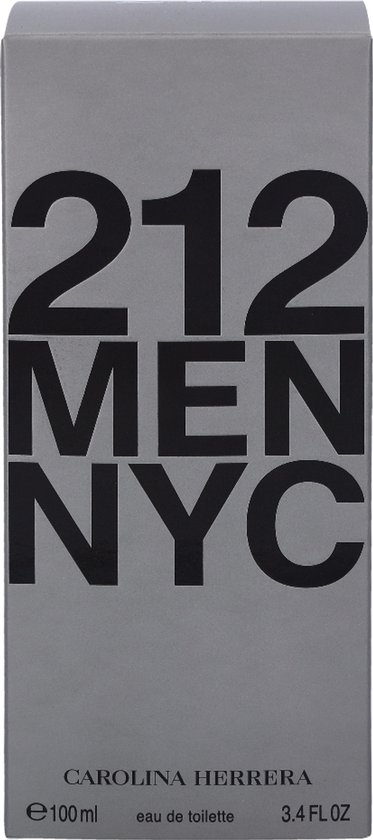 Doos met '212 MEN NYC' in grote zwarte letters. 'Carolina Herrera New York' en '100ml eau de toilette 3.4 FL OZ' onderaan.