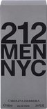 Doos met '212 MEN NYC' in grote zwarte letters. 'Carolina Herrera New York' en '100ml eau de toilette 3.4 FL OZ' onderaan.