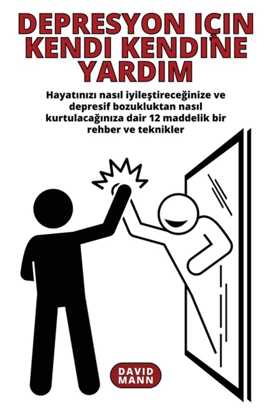 Boekcover met de titel 'Depresyon için Kendi Kendine Yardım'. Een gestileerde afbeelding van een persoon die een hand geeft aan zijn reflectie in een spiegel.