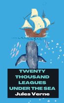 Boek "Twenty Thousand Leagues Under the Sea" van Jules Verne, met een illustratie van een walvis, een zeilschip en vissen.