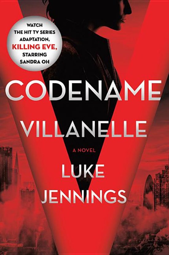 Boek "Codename Villanelle" met rode achtergrond, tekst en silhouet.