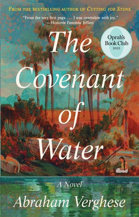 Boekcover van 'The Covenant of Water' met palmbomen en water op de voorgrond. "Oprah's Book Club 2023".