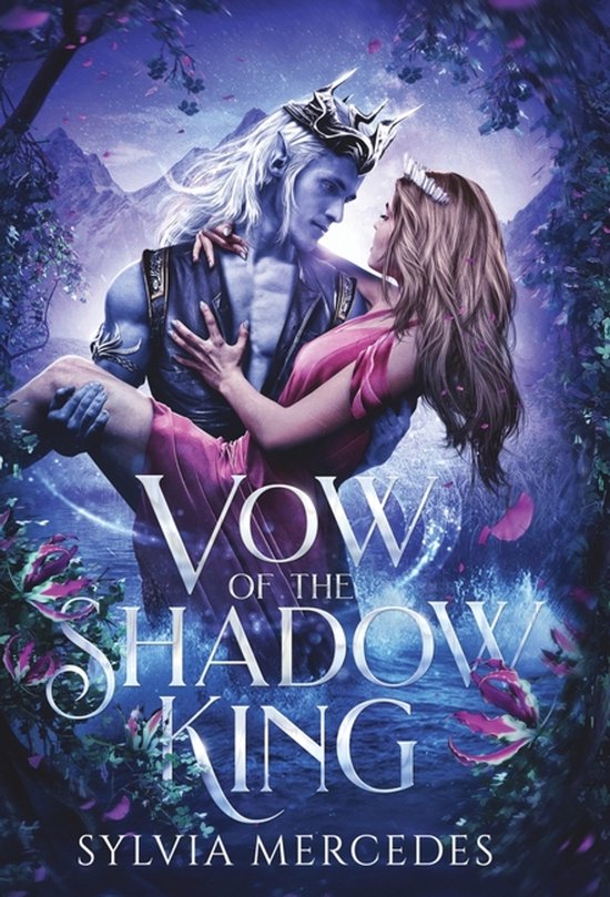 Vow of the Shadow King: Een blauw getinte man met lang wit haar, met een kroon, draagt een vrouw met bruin haar en een kroon in een roze jurk.
