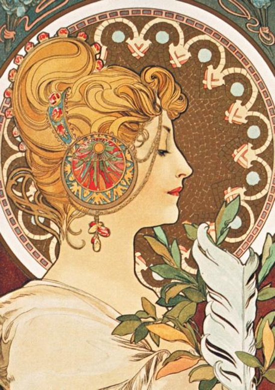 Profiel van vrouw met blonde opgestoken haren, Art Nouveau-decoratie en witte veren. "La Plume"