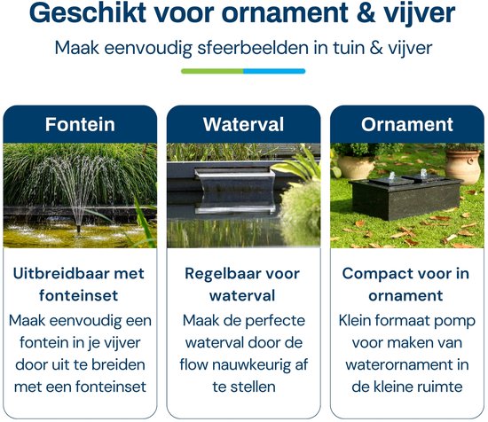 BluFlow Control 1.800 - Regelbare Vijverpomp voor in vijver - Fonteinpomp - Filterpomp - Beekloop of Waterval pomp - 1.800 liter per uur - 11 watt