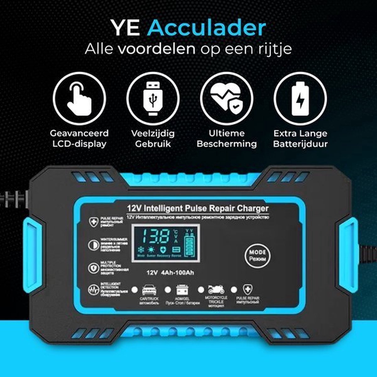 Auto acculader, 12V 8A Smart Battery Trickle Charger, Auto 12V Batterij Onderhouder, Ontzwavelaar met Temperatuurcompensatie voor Trucks Motorfietsen en Lithium Ijzer Fosfaat Batterijen