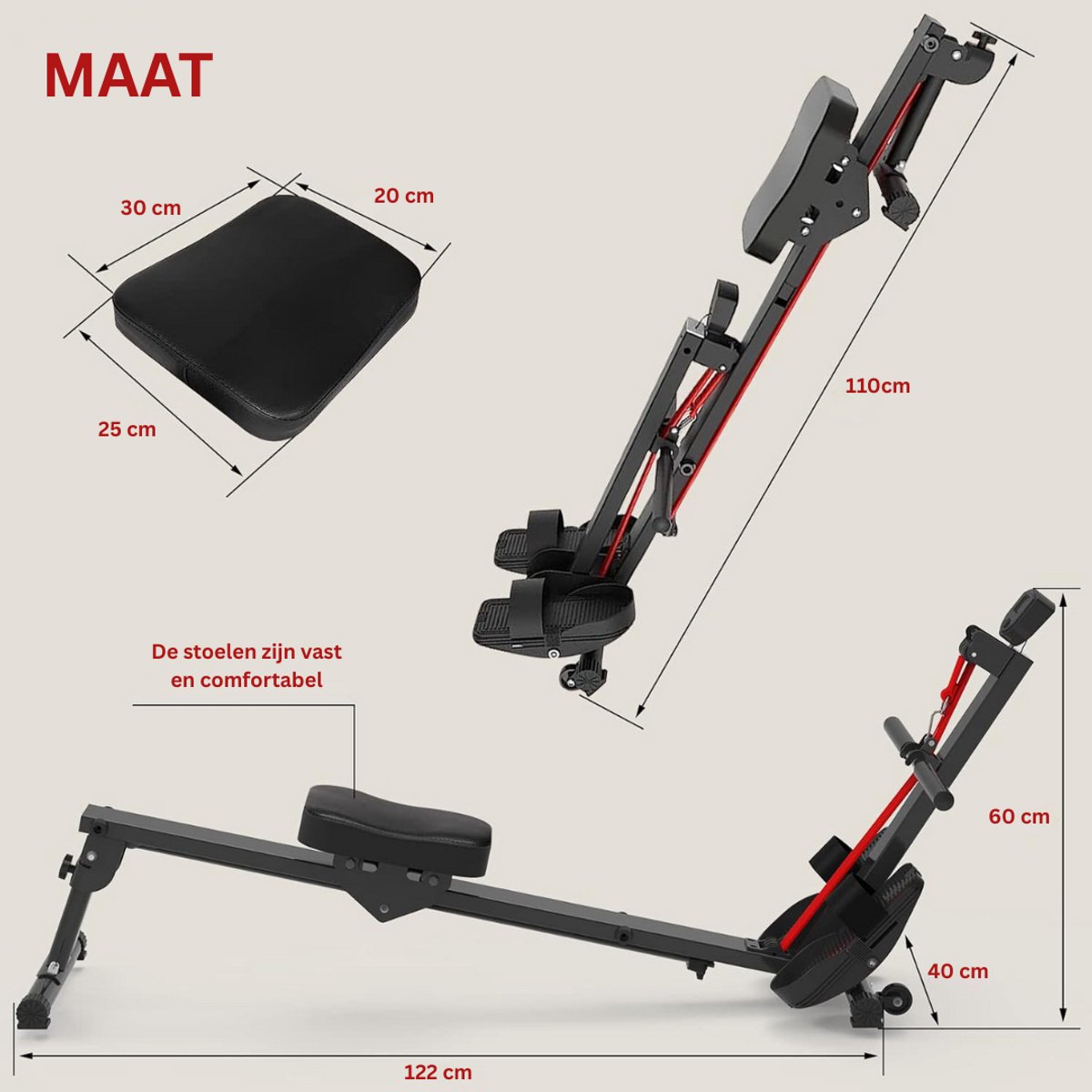 Afbeelding 2 van JMZR® Roeitrainer Inklapbaar - Hometrainer - Roeimachine Fitness - Zwart met Rood