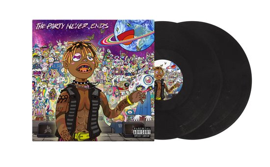 Dubbel LP albumhoes met de titel 'THE PARTY NEVER ENDS' en een cartoon van een man. Twee zwarte vinylplaten ernaast.