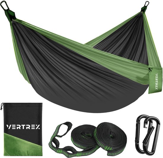 Vertrex Hammock Pro Hangmat met Band en Karabijnhaak voor hangmatten - 270 x 140 cm - Max 200 kg - Groen/Zwart