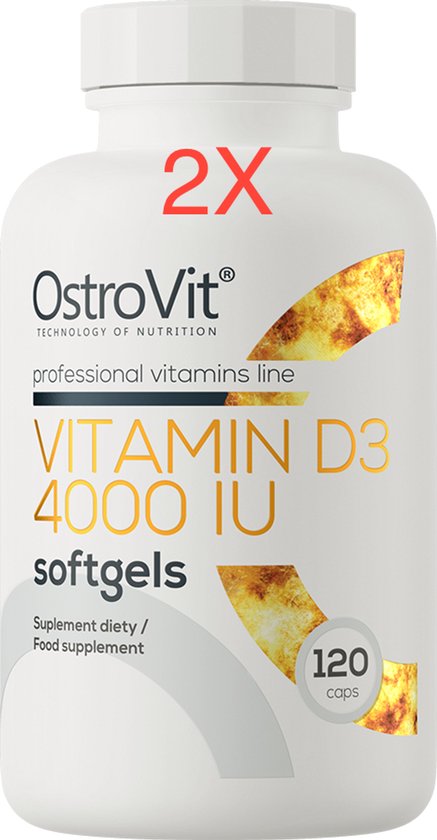 OstroVit Vitamine D3 4000 IU softgels, 120 capsules met 2X en vlam-achtige grafische elementen.