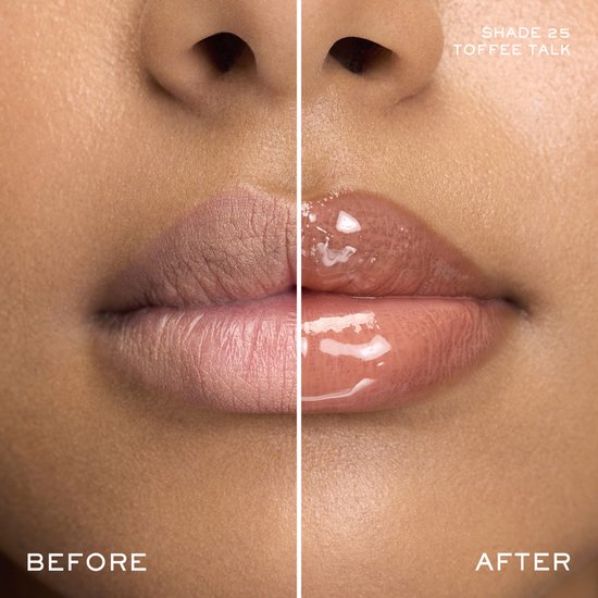 Voor en na foto van lippen. De lippen zijn na gebruik glanzend en vol in de kleur 'Shade 25 Toffee Talk'.