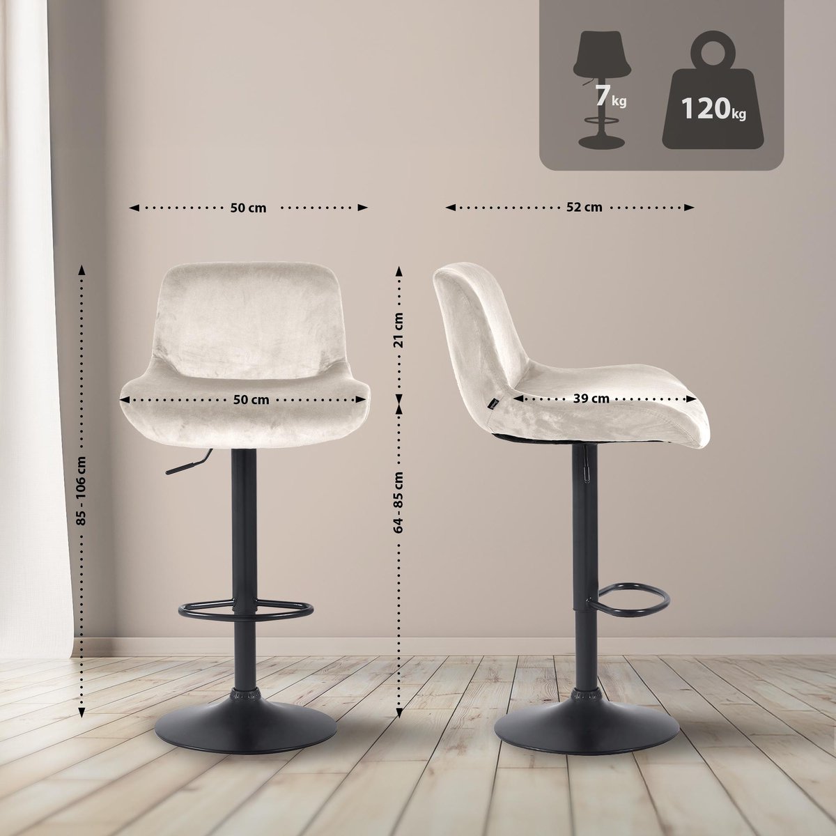 Lot De 2 Tabourets De Bar Jerry En Similicuir Crème – Pied Noir, Hauteur Réglable, Dossier, Pivotant 360°