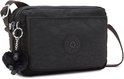 Zwarte Kipling schoudertas met een ronde Kipling-badge en een aaibare aap-sleutelhanger.