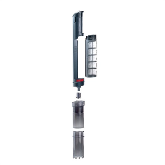De Eheim Quick Vac Pro aquariumstofzuiger uit elkaar gehaald in 3 onderdelen: een donkergrijze steel met filter, een opvangbak en een opzetstuk.