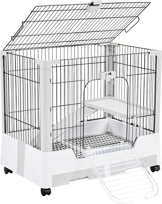 Konijnenhok, mobiele huisdierkooi, kooi voor kleine dieren met open dak, veiligheidssloten, konijnenhok met ladder en laden voor de kleine dieren HMTM-BC-10034-BLACK