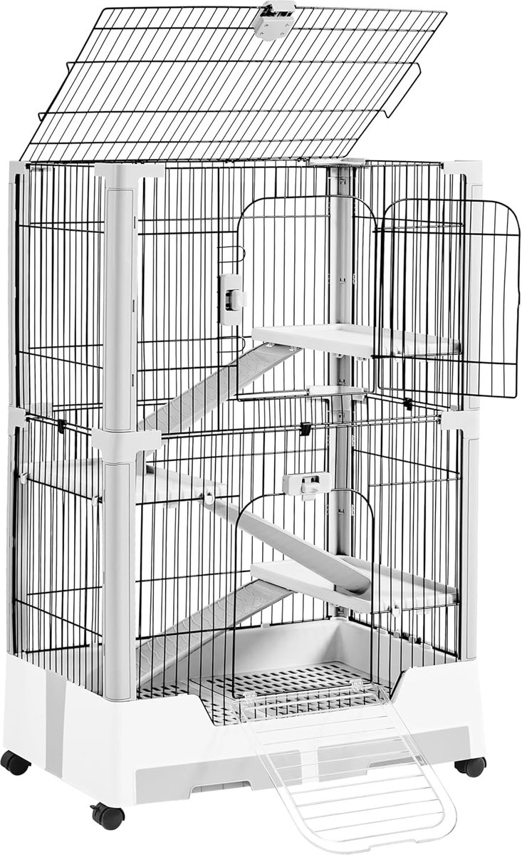 Konijnenhok met 4 niveaus, afneembaar, caviakooi met open dak, veiligheidssloten, hok voor kleine dieren met ladder en laden, grijs, 75,5 x 50,5 x 113,5 cm, HMTM-BC-10035-BLACK