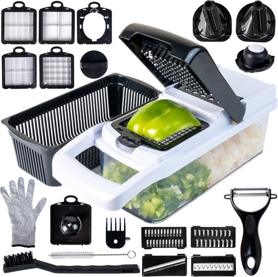 Chef Rebel - Coupe-légumes multifonction - Mandoline 23 pièces - Bac d'égouttage - Coupe-oignons - Coupe-légumes et fruits - Séparateur de jaunes d'œufs - Coupe-julienne et brunoise - Râpe - Coupe-spirale - Coupe-frites - Sans BPA