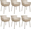 Set van zes beige tuinstoelen met ribbelpatroon en metalen poten.
