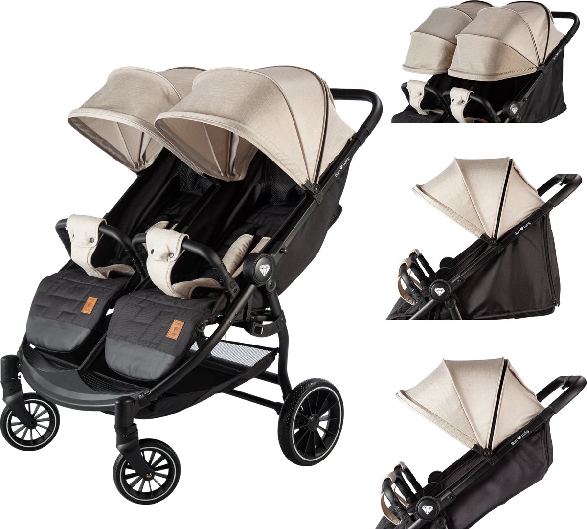 Born Lucky Ranger Duo Buggy Kinderwagen Tweeling Buggy Inklapbaar Lichtgewicht Dubbele Buggy Met Verstelbare Rugleuning en Zwenkwielen – Beige van Born Lucky
