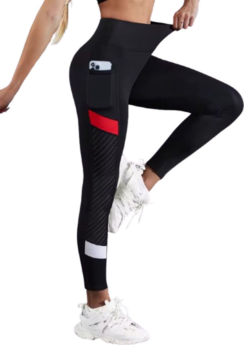 Sportlegging Dames – High Waist Fitness Legging met Zak – Zwart Rood