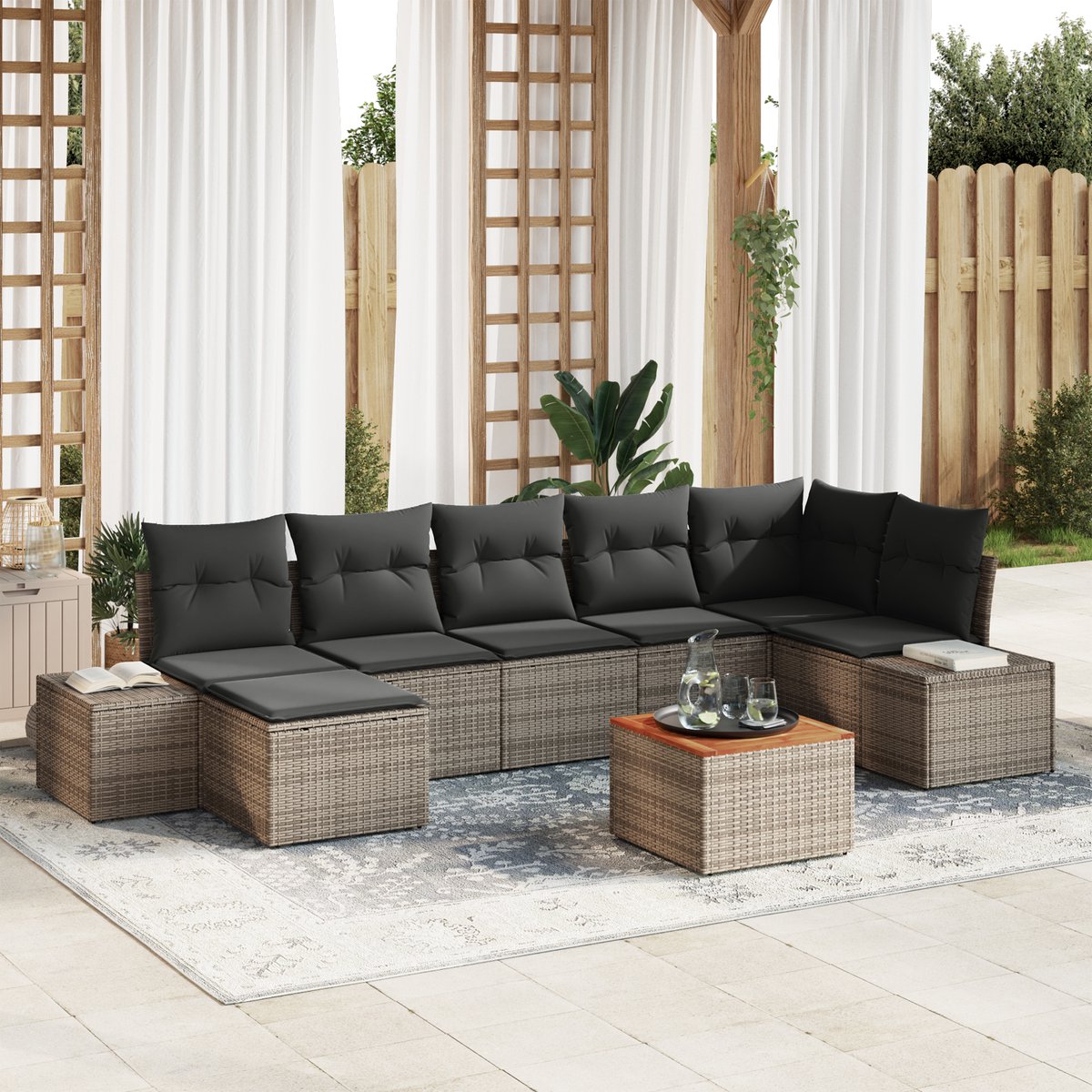 vidaXL - Tuinbank - Set - met - kussen - 8 - pcs - Grijs - poly - rattan