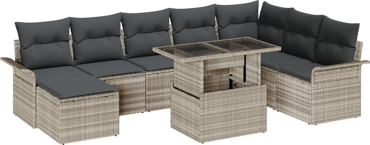 vidaXL - Tuinbank - Set - 9 - pcs - Lichtgrijs - Poly - Rattan - en - Poedergecoat - Staal