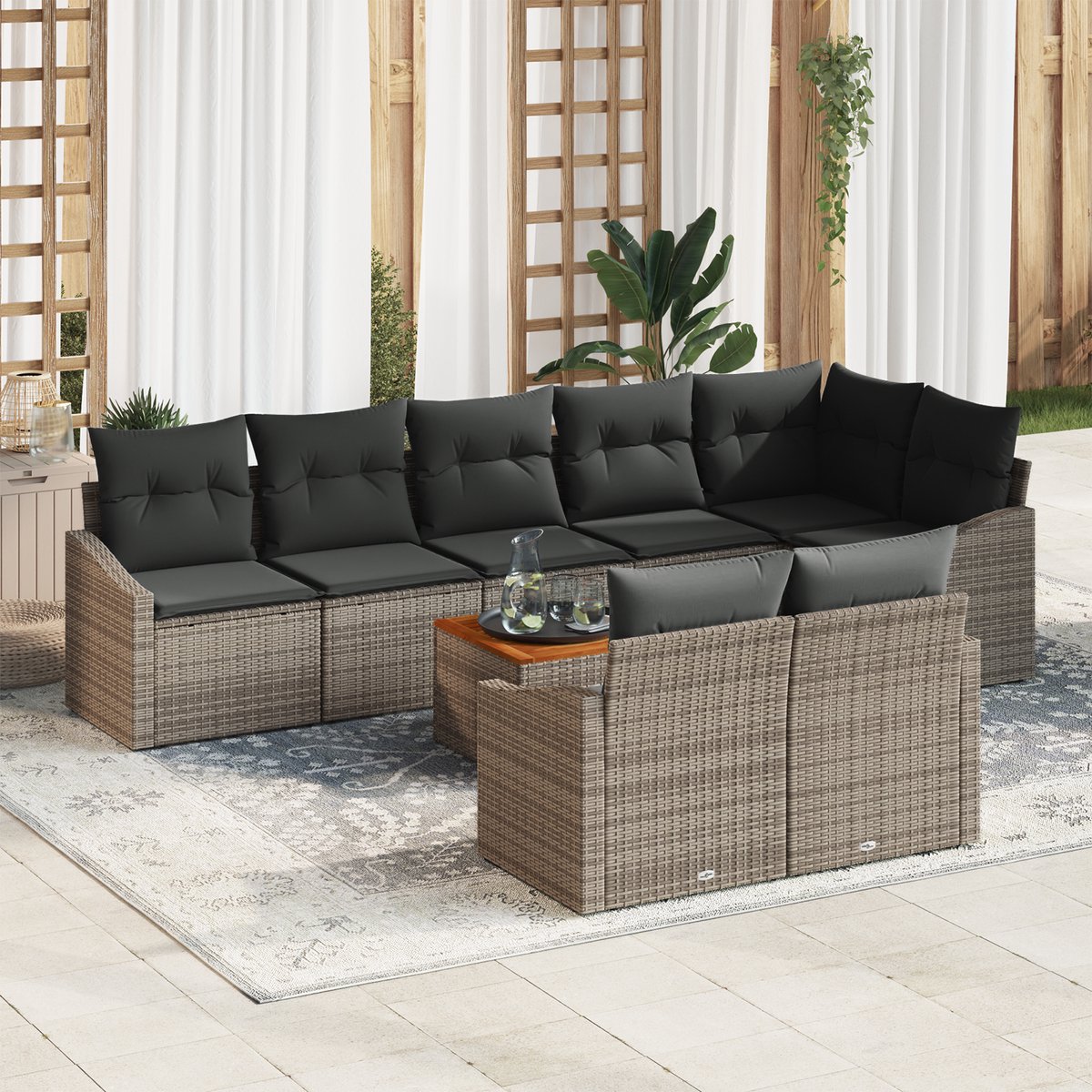 vidaXL - Tuinbank - Set - met - kussen - 9 - pcs - Grijs - poly - rattan