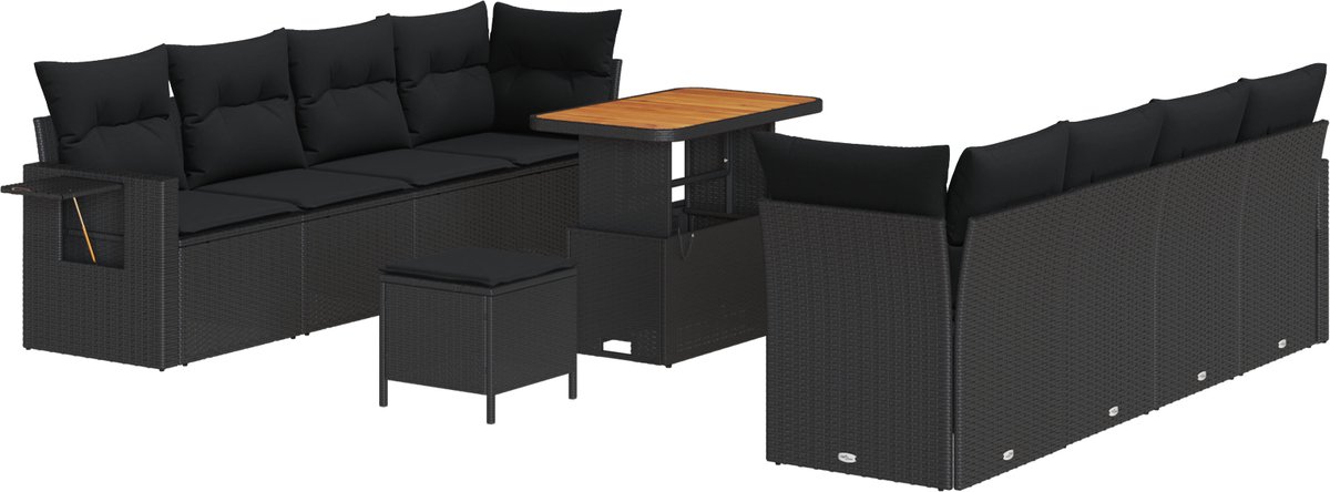 vidaXL - Tuinbank - Set - met - kussen - 11 - pcs - Zwart - poly - rattan