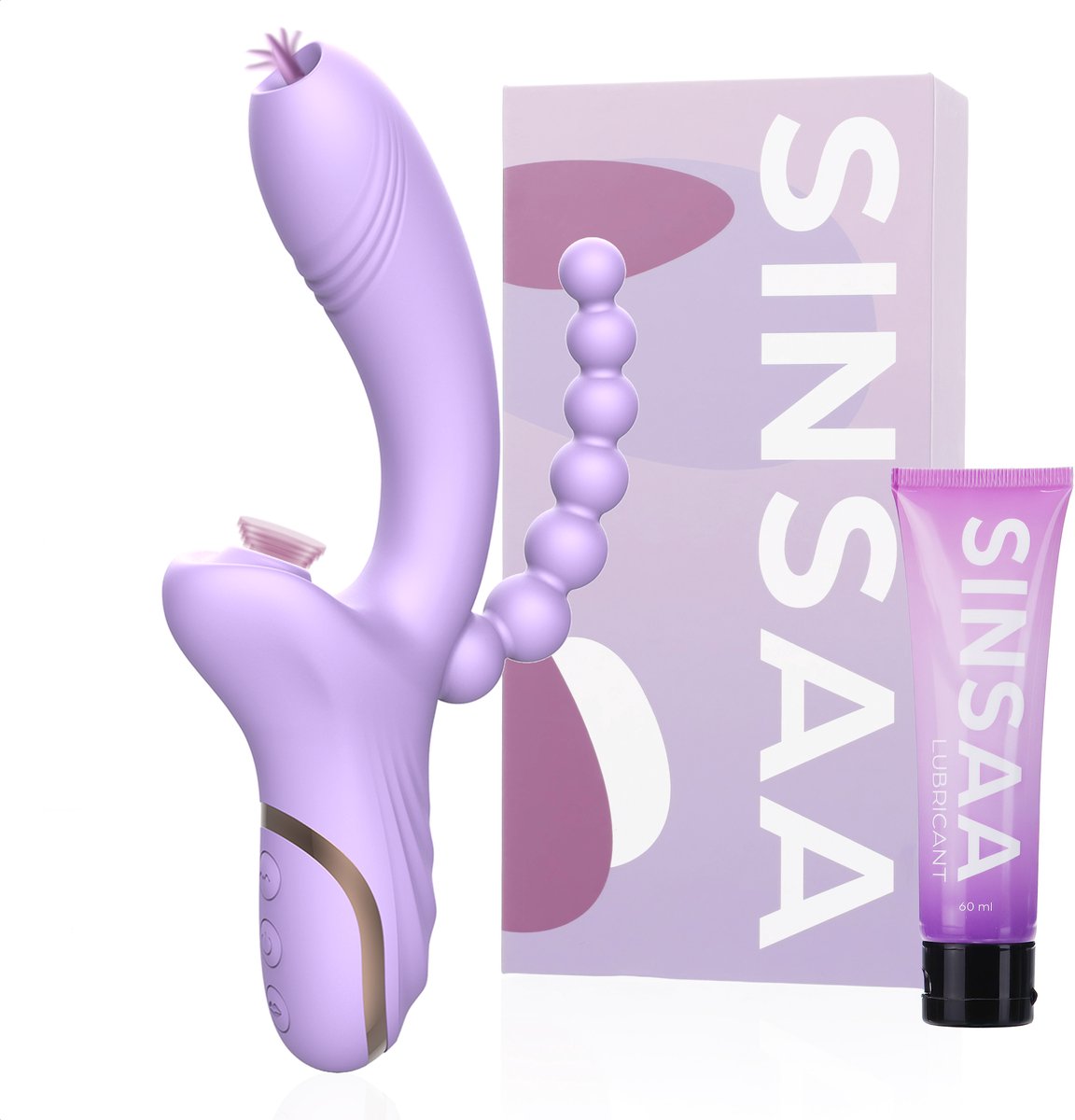 Sinsaa Tarzan Vibrator - Rabbit Vibrator – G-Spot & Luchtdruk Clitoris Stimulator – Anaal kralen - Vibrators voor vrouwen - 10 Vibratiesnelheden & 5 Zuigfunctie snelheden - Inclusief glijmiddel – Lana - Paars