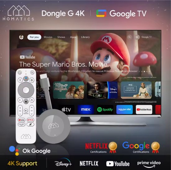 Afbeelding van de Homatics dongle, afstandsbediening en een tv-scherm met Super Mario Bros. Movie.