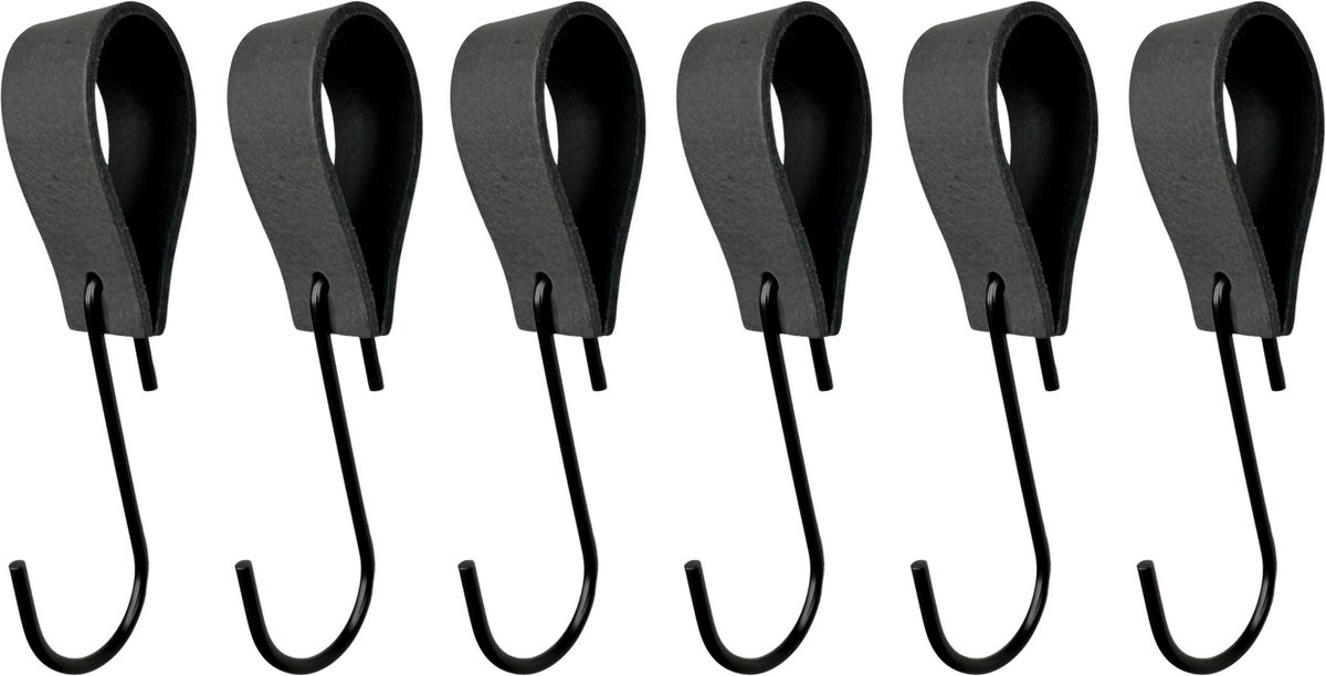 Leathergoodz - Leren S-haak hangers - Antraciet - 6 stuks - 16 x 2,5 cm - max ø38mm - Leer - handdoekhaakjes - Ophanghaken – kapstokhaak