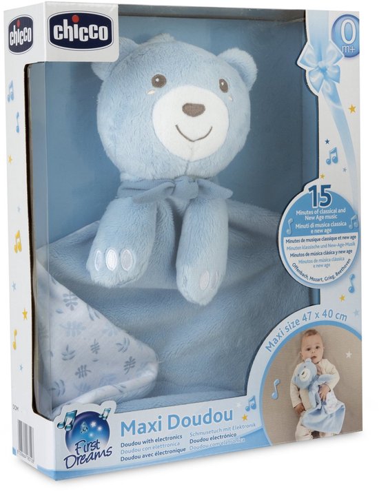 Chicco Maxi Doudou Knuffeldoekje met Muziek - Groot Knuffeldoek 47 x 40 cm - Zacht Velours - Machine Wasbaar - Blauw (0M+) van Chicco — afbeelding 3