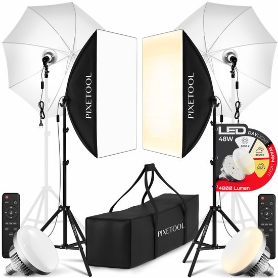 Pixetool Softbox fotostudio set 50 x 70cm inclusief 2 flitsparaplu’s - 2 Softbox studiolampen LED lampen 4800 Lumen 3000-6000K - 2m verstelbaar statief x2