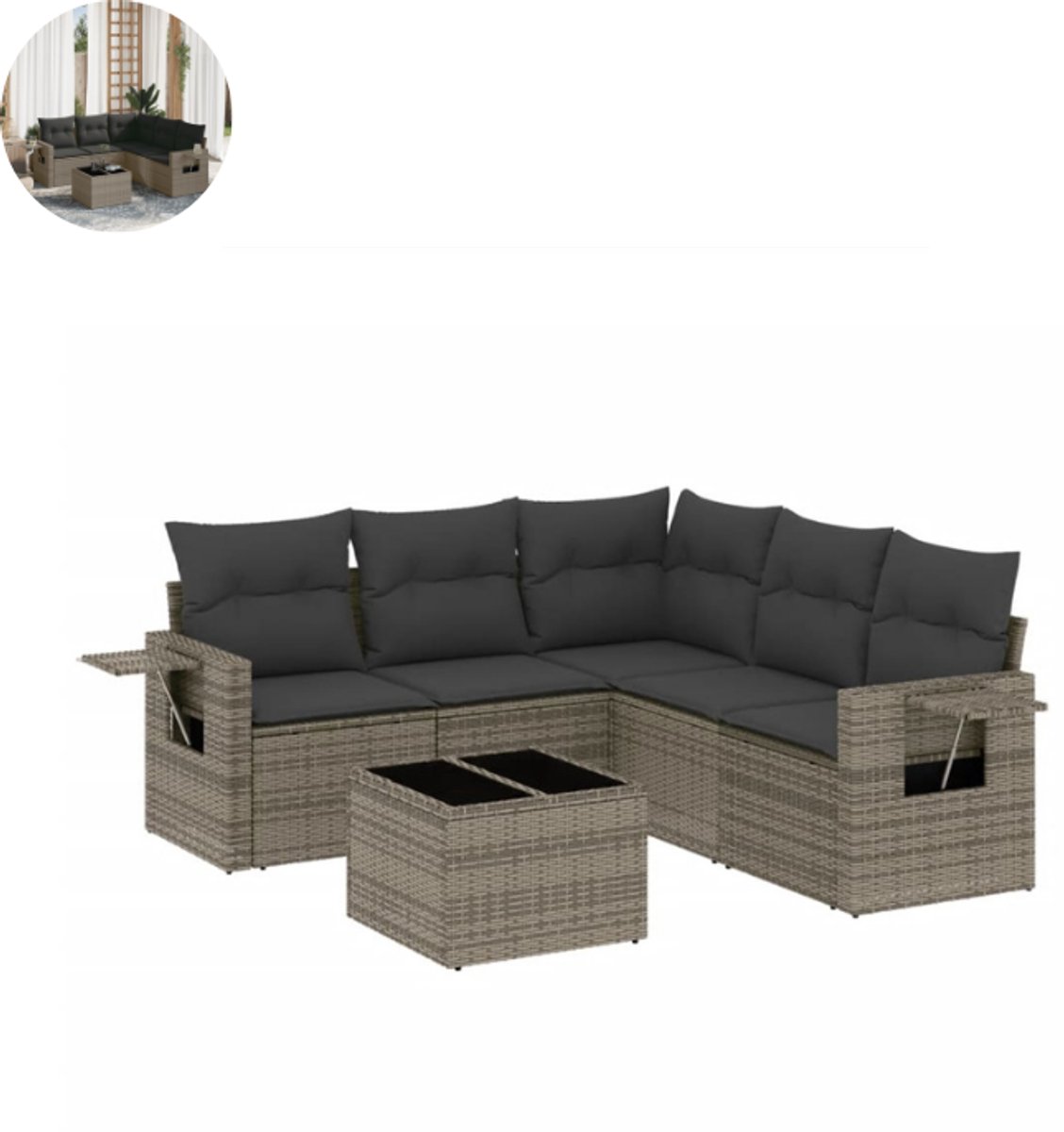 Tuinmeubel loungeset met palletkussens, modulair bankstel van poly rattan in bruin, weerbestendig voor comfortabel zitten.
