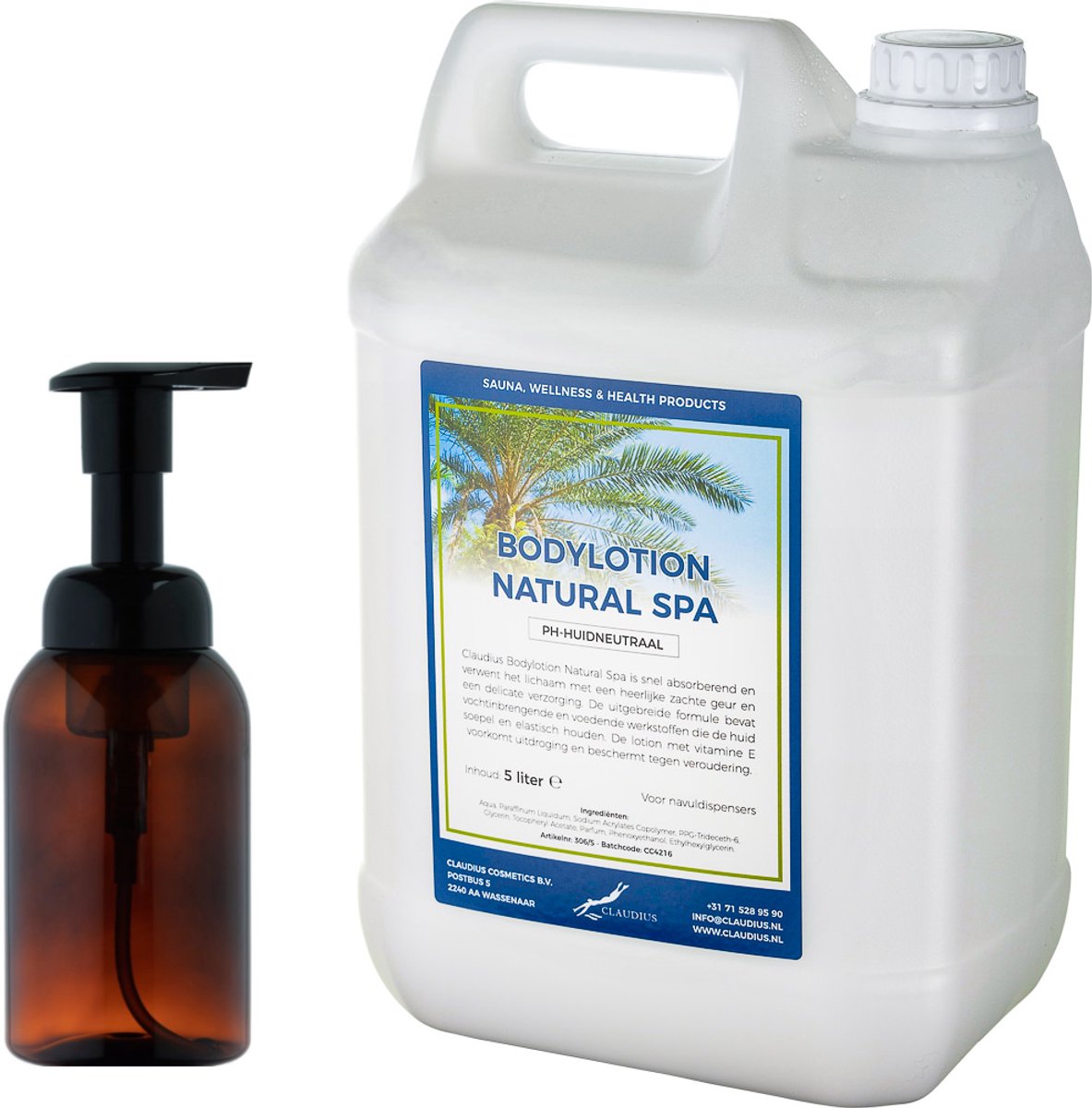 Zeepdispenser 300 ml amber bruin hervulbaar + 5 liter Bodylotion Natural Spa navulling