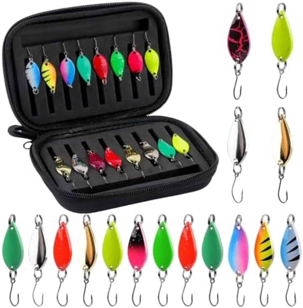 PolkaHome 16 stuks forellepelset, kunstaas, spinner, knipperlichtset, forelaas, spoons, set 2,5 g/3,5 g/5 g, visaccessoires met opbergdoos, veelkleurig forelaas voor forel, baars, snoek, snoekbaars