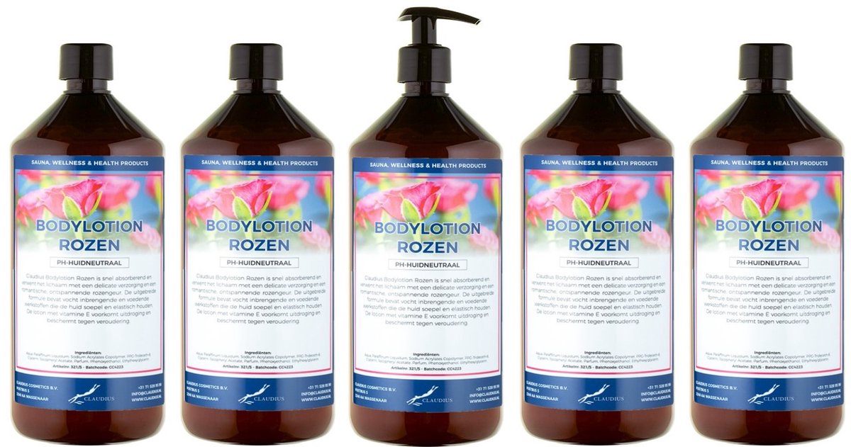 Bodylotion Rozen 1 Liter - met gratis pomp - set van 5 stuks - Voordeelverpakking