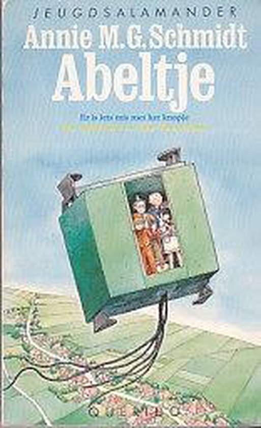 Boekcover van 'Abeltje' met een liftkooi met twee poppen, vliegend boven een dorp.