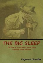 Boekomslag van 'The Big Sleep' door Raymond Chandler, met een detective in een hoed die een pistool tevoorschijn haalt.