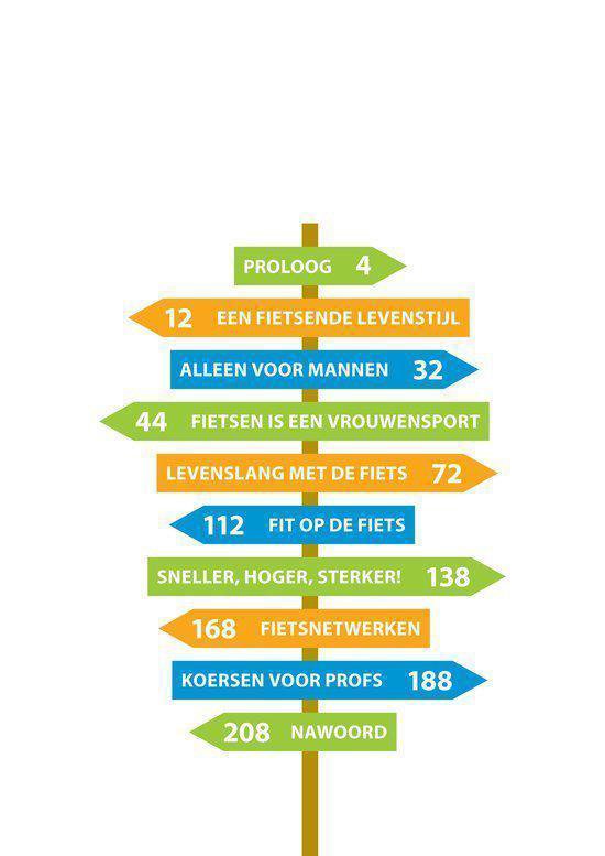 Een straatbord met verschillende pijlen met fietsgerelateerde onderwerpen en paginanummers.