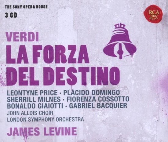 Albumhoes voor Verdi: La Forza Del Destino met paarse tekst en een paarse klok op een grijze achtergrond.
