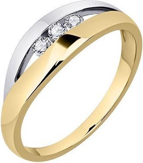 Schitterende 14 Karaat Geel Wit Gouden Bicolor Ring met Zirkonia's 17.75 mm. (maat 56) |Aanzoeksring