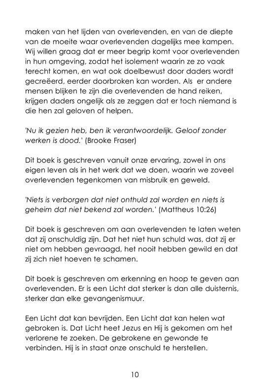 Pagina met tekst over overleven, misbruik, geweld en hoop.